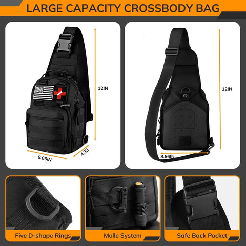 250 In 1 Survival Kit With 250 Pieces Of Tactical Gear And Trauma Bag First Aid Supplies Molle Crossbody Bag, front and back view