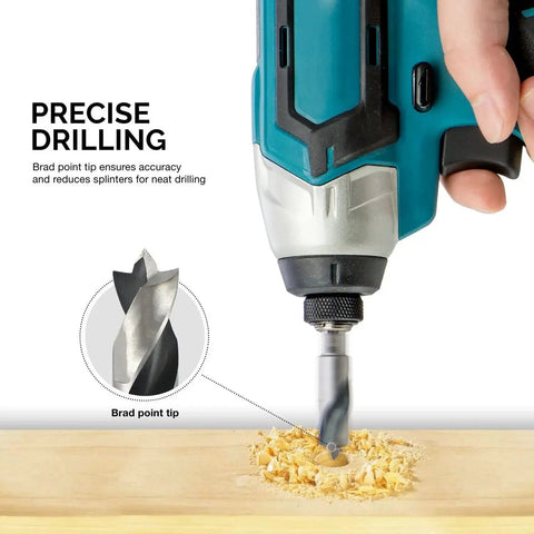 Close-up of drilling wood with Six Piece Brad Point Drill Bit Set For Wood With Stubby Bits And 135 Degree Tip One Quarter Inch Quick Change Hex Shank HSS 4241 High Speed Steel Drill Bit Holder Included.