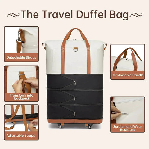 Expandable Travel Duffle Bag With Wheels That Grows From Compact To 130L A Rolling Foldable Duffle With Handle and features