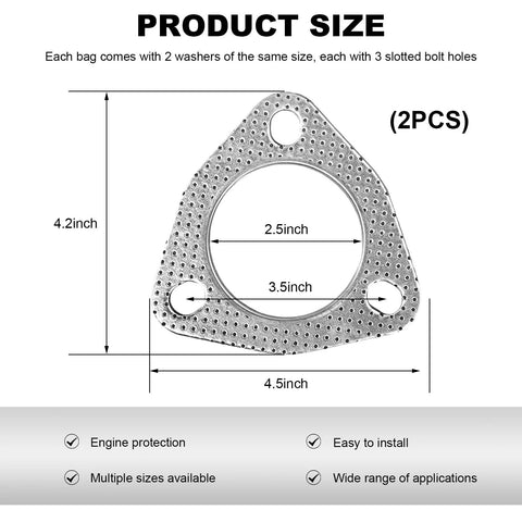 2PCS exhaust gasket, 2.5in bore, 3-bolt triangular flange, high-temp gasket for mufflers and catalytic converters.