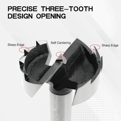 Close-up of Pro Grade Forstner Bit Set 8pc for Woodworking and DIY Projects, showing precise three-tooth design with sharp edges.