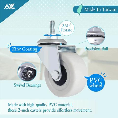 M8x15mm Threaded Stem Caster Wheels 2 Inch Heavy Duty Swivel Casters With Brakes Pack Of 4 Made in Taiwan with PVC Wheels