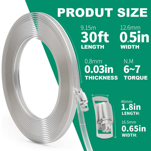 Hose clamp set, OURU 30ft stainless steel worm-drive clamps with holes and 15 fasteners