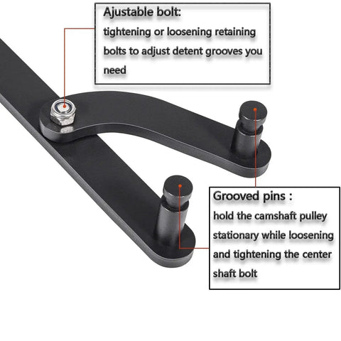 Close-up of universal camshaft pulley holding tool for Honda and Toyota; black metal with adjustable bolt and grooved pins