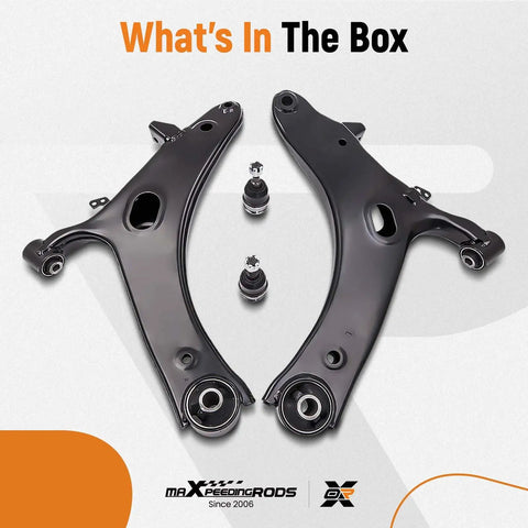 Two Piece Front Lower Control Arm With Ball Joint Kit For Subaru Forester 2009 2013 And Subaru Impreza WRX 2011 2014 Direct Fit Suspension Replacement With Ball Joint MS801051 MS801052 displayed in a box.