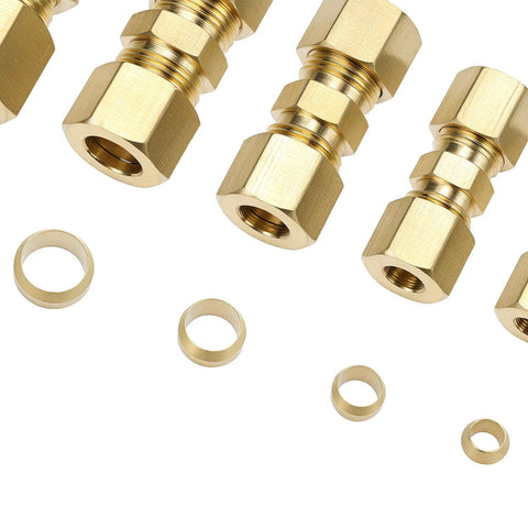 Six brass compression fittings with ferrules for 1/8-1/2 in OD straight union couplings; truck airlines kit.