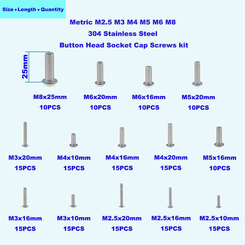 Diagram of Dope Metric Socket Cap Screws Set 185-Piece Assortment Kit, M2.5 M3 M4 M5 M6 M8, Stainless Steel 304, sizes labeled