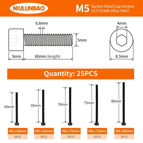 Diagram showing M5 Hex Socket Head Cap Screws with measurements, part of the 25Pcs M5 Hex Socket Head Cap Screws Set Heavy Duty 60 65 70 75 80mm Fully Threaded 12.9 Grade Alloy Steel Black Oxide Finish Allen Drive Metric Machine Screws Assortment Kit