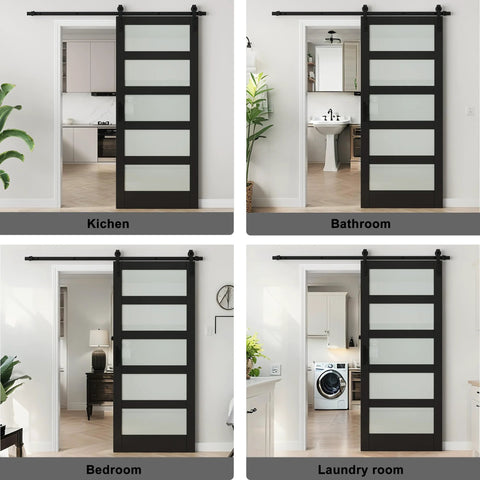 Frosted Glass Barn Door With Black Steel Frame And No Fuss Six Foot Sliding Hardware Kit in kitchen, bathroom, bedroom, and laundry room.