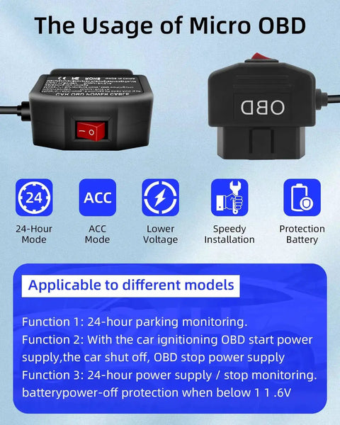 Image explaining the features of OBD2 To Micro USB Power Cable For Dash Camera 24 Seven Hardwire Charger with Switch.