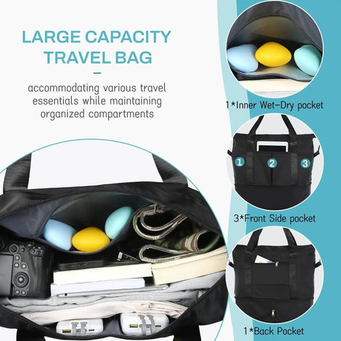Rolling Duffle Bag With Wheels For Travel VOOWO, black compartments filled with travel essentials, showing wet-dry pocket and organized storage.