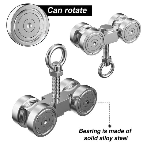 Four Wheel Trolley Assembly With Silent M10 Bolt And Nuts Including Lifting Eye Nut For One To Five Eighths Inch Wide Unistrut Channel