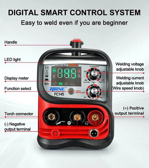 Dual Voltage 110 Volt 220 Volt 145 Amp MIG TIG Stick Welder control panel with LCD display and knobs for adjustments.
