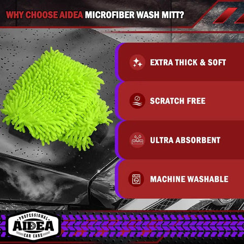 Scratch Free Microfiber Car Wash Mitt 2 Pack For Lint Free Shine And Scratch Resistant Cleaning, Extra Plush Chenille, Green, Double Sided Microfiber Mitts, 7.12 by 10.14 Inches Gentle On Paint AIDEA with thick plush texture.