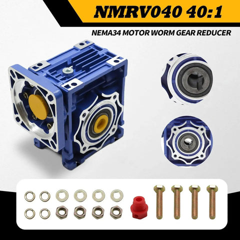 40 To 1 NMRV040 Worm Gear Reducer for Nema 34 Flange Motors, showing components, input shaft, and output shaft.