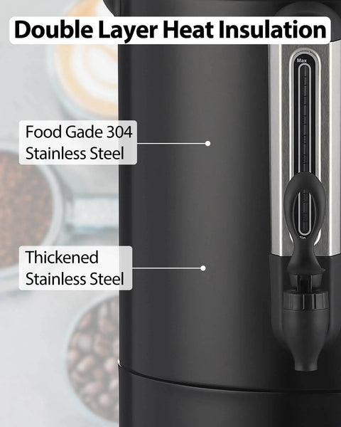 Side view of Workhorse 120 Cup Commercial Coffee Maker With 18 L Stainless Steel Urn Double Layer Hot Beverage Dispenser