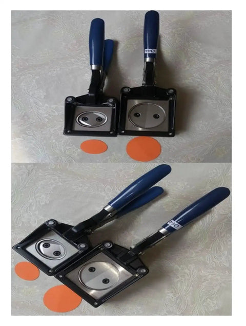 Hardworking Handheld Button Graphic Punch Die Cutter for badge making, durable composite frame, showing steel die and sample cuts.
