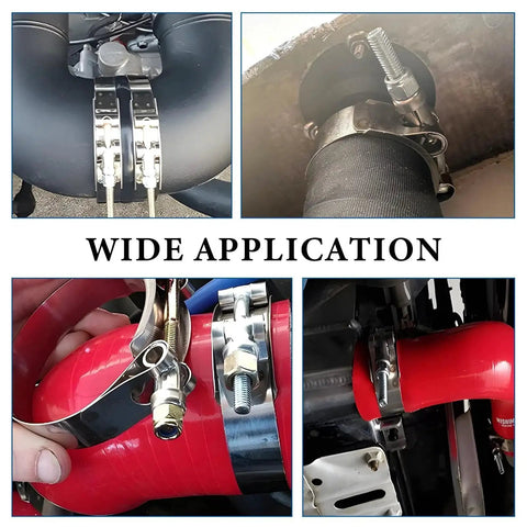 4 Pack Stainless Steel T-Bolt Hose Clamp Set For 3 Inch Hoses in various applications, adjustable range 83-91mm, heavy-duty for high pressure systems.