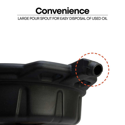 Close-up of large pour spout on 2 Gallon Oil Drain Pan With Anti Spill Cap And Wide Lip For Mess Free Oil Changes Heavy Duty HDPE