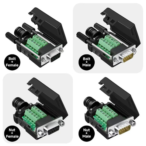 DB9 Breakout Connector for RS232 and RS485, Solderless D Sub Serial Adapter Board With Case, variety of configurations shown