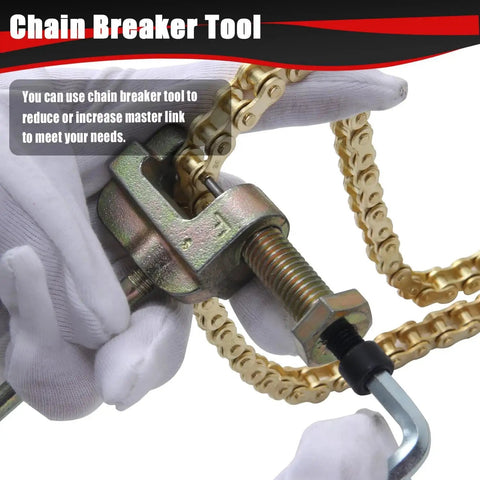 Gold 140 Link Drive Chain With Chain Breaker Tool, For Predator 79cc 97cc 100cc Engines, in use with white gloves.