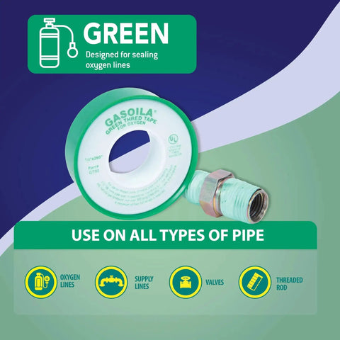 Green PTFE Thread Seal Tape For Oxygen Lines Pro Grade High Density Leak Proof Non Toxic Half Inch By 260 Inch Roll displayed