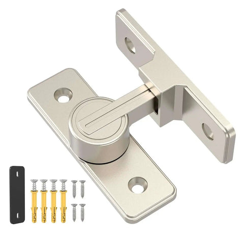 Heavy Duty 90 Degree Barn Door Lock With Zinc Alloy Build, Ball Bearing Latch, Nickel Finish, shown with mounting hardware