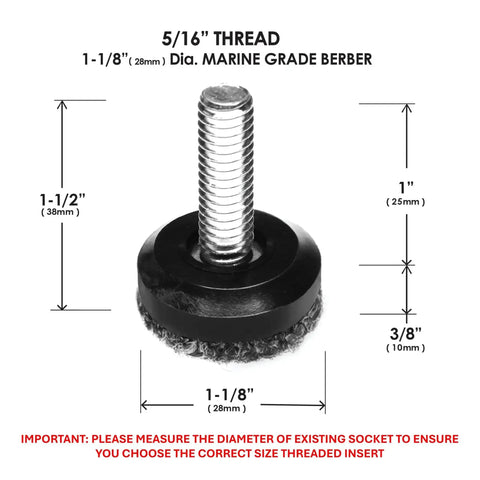 Eight Pack Outdoor Adjustable Furniture Levelers with 1-1/8 in size and 5/16-18 BSW thread shown with measurements