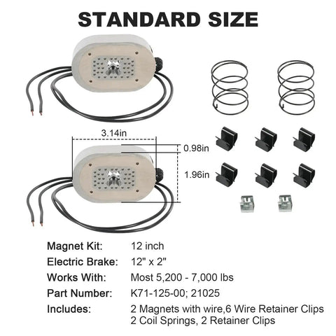 Front view of RALZAOTO 12in electric trailer brake magnet kit with two magnets wires springs and clips