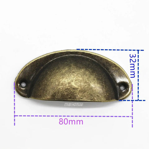 Antique Brass Iron Seashell Drawer Pull with measurements, part of 30-piece set, 81mm length, 67mm center, vintage hardware.