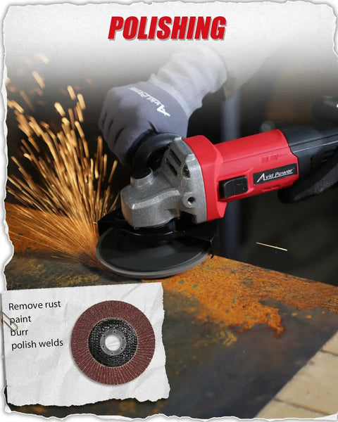 Angle Grinder Four And A Half Inch 7.5 Amp Electric Grinder With Grinding And Cutting Wheels Flap Disc And Auxiliary Handle For Cutting Grinding Polishing And Rust Removal Red in use on rusted metal surface