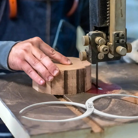 Double Ended Bowl Caliper For Wood Turning Pro Grade Stainless Steel Woodworking Tool To Measure Circumference Diameter And Thickness On A Lathe Five And A Quarter Inch To Six Inch Range Eleven Inch shown next to a wood lathe in use