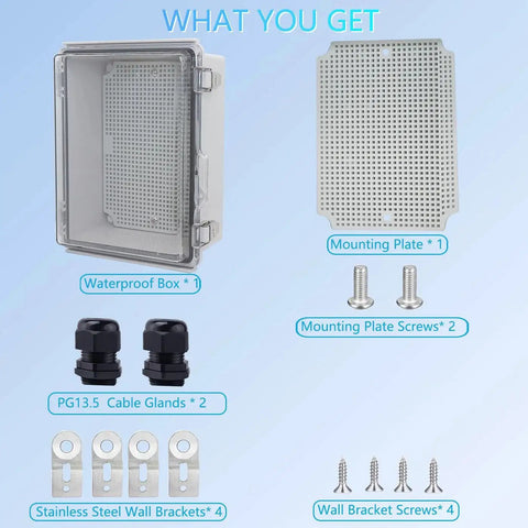 Heavy Duty Waterproof Junction Box For Outdoor Electrical Projects With IP67 Protection ABS Plastic Enclosure Stainless Steel Latch Hinged Cover Mounting Plate Wall Brackets And Cable Gland 8.7 By 6.7 By 4.3 Inches LuSumtly package contents