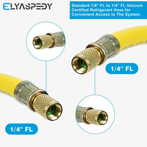 Refrigerant hose by Elyaspey, 6 ft yellow, 1/4 in FL to 1/4 in FL vacuum certified with brass fittings