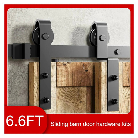 Bypass Sliding Barn Door Hardware Kit 6.6 Feet Rustic Single Track For Double Doors With Classic Design Rollers on Wooden Door