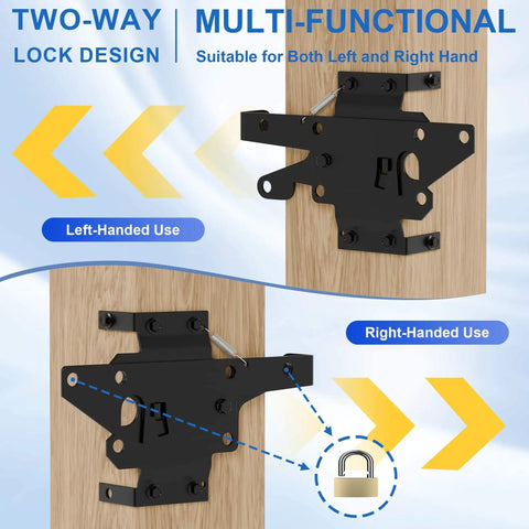 Pro Grade Self Closing Gate Hardware Kit With Heavy Duty Hinges And Latch For Wooden Vinyl PVC Fence Gates Built Tough And Ready Adjustable Post Mount Hinges And Self Locking Gate Latch For Inward Or Outward Swings Includes Two Hinges And One Latch, shown installed on wooden surface for left and right hand use.