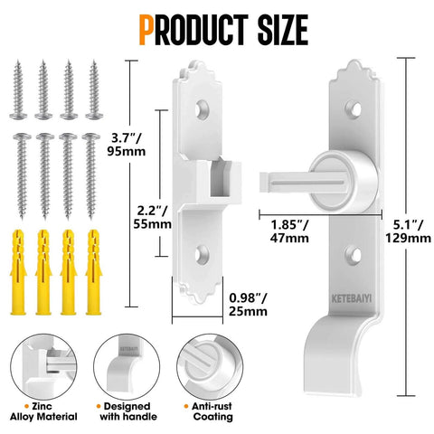 Built Tough Heavy Duty 90 And 180 Degree Barn Door Latch With Handle in zinc alloy, screws, and dimensions shown.