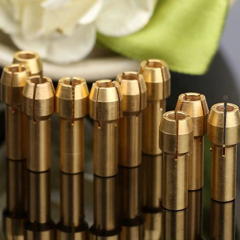 10 Pack Brass Collet Nut Adapters 3.2mm Replacement for Dremel Rotary Tools, Built Tough Copper Collet Nuts on reflective surface