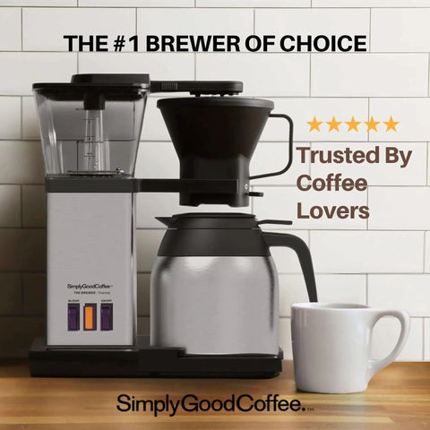 8-Cup Thermal Coffee Maker With Auto Drip Pour Over Design, Stainless Steel and Black Finish, on kitchen counter