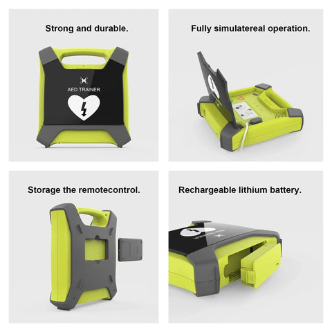 Rechargeable AED Trainer With Remote Control, lime-green, simulation modes, battery displayed, Model XFT 120GA for CPR practice.