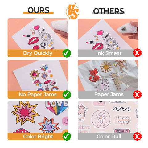 Comparison of printable vinyl for inkjet and laser printers showing drying, paper jams, and color brightness contrasts.
