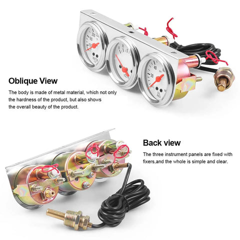 Universal Chrome 2 Inch 3 In 1 Triple Gauge Set Kit with oil pressure, volt, and water temp gauges; oblique and back views shown.