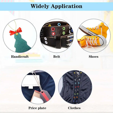 Widely application of Three Sixteenth Inch Grommet Tool Kit Eyelet Plier Set in shoes, clothes, belts, crafts, and price plates.