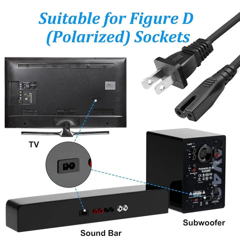 2 Prong Polarized AC Power Cord Replacement For HDTVs And Audio Gear, 6.5 Ft Long, shows compatibility with TV, sound bar, subwoofer.