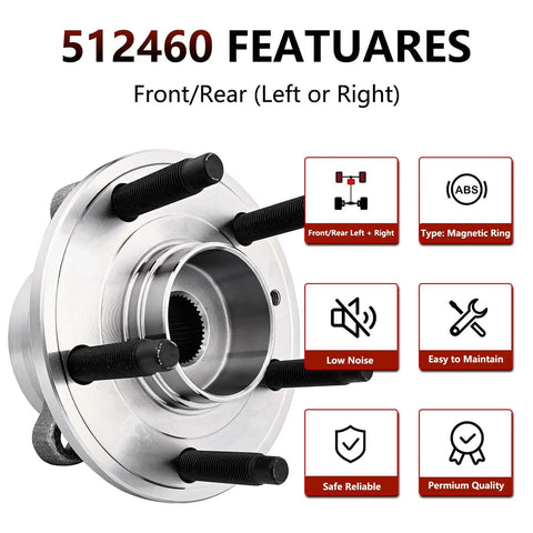 Pair Front And Rear Wheel Hub Bearing Assemblies For Ford Explorer 2011 To 2019 And Police Interceptor Utility 2013 To 2019 Drop In Replacement Hub Kit With Easy Install Front Or Rear Wheel Bearing Replacement visible with diagram and bolt details.