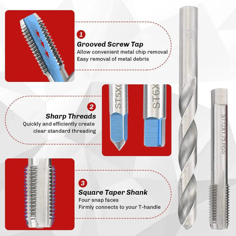 Image of a 131-Piece Metric Helicoil Thread Repair Kit With HSS Drill Bits And Thread Inserts For M5 To M12, showing grooved screw tap and sharp threads.