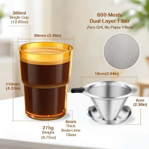 Single Serve Immersion Coffee Maker With Glass Pour Over Dripper And Reusable Stainless Steel Filter Manual Brew On The Go Coffee Maker For Home Office Travel 380ml Cup with dimensions and features.