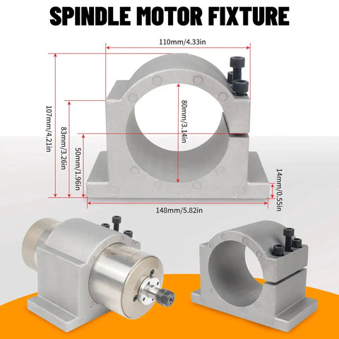 Beefed Up 1.5KW Water Cooled CNC Spindle Kit with 80mm mount and dimensions, featuring spindle motor fixture for CNC routers and milling machines.