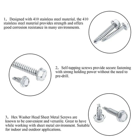320 Piece 410 Stainless Steel Hex Washer Head Self Drilling Sheet Metal Screws Assortment Kit showcasing screw details in diagram