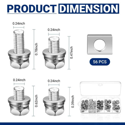 56 Piece Pro Grade Stainless Steel Motorcycle Battery Terminal Nuts And Bolts Kit For ATV Bike And Scooter with dimensions